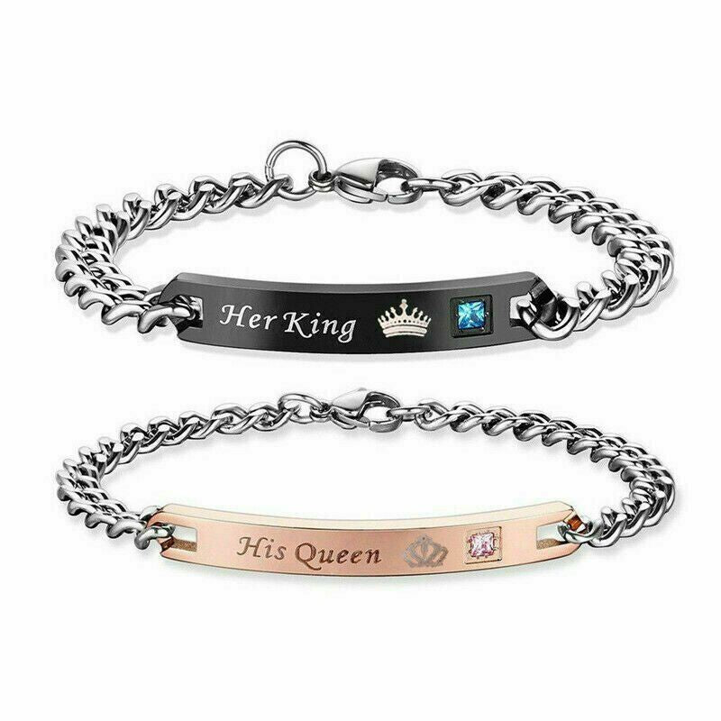 His Queen Her King Stainless Steel His and Hers Couple Bracelet Lovers Gift