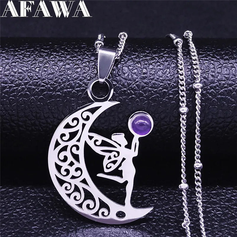 Witchcraft Moon Elves Angel Fairy Wings Necklace Purple Crystal Stainless Steel Tree of Life Necklaces Elf Jewelry Bijoux Femme