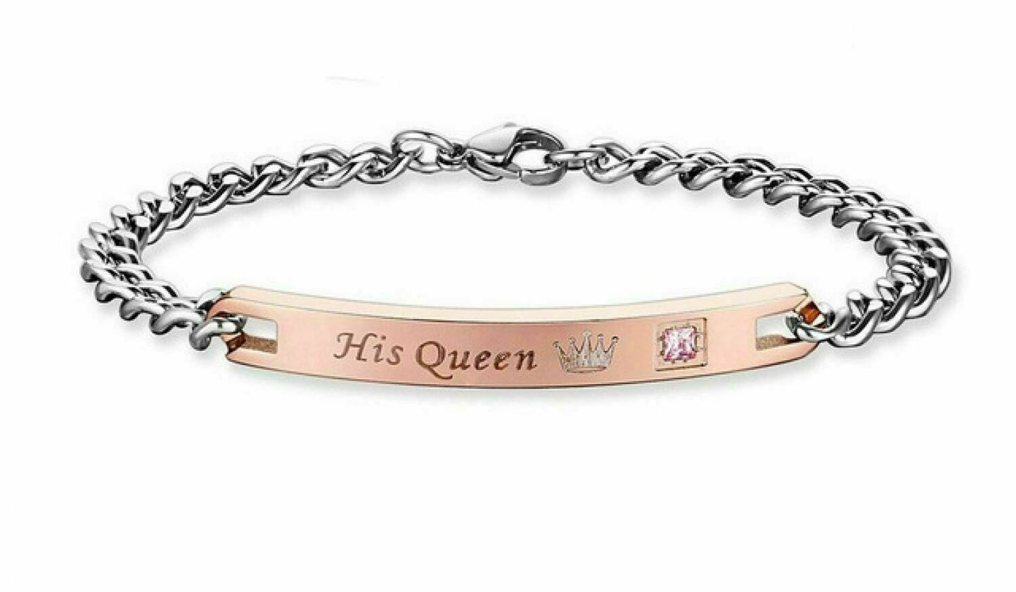 His Queen Her King Stainless Steel His and Hers Couple Bracelet Lovers Gift