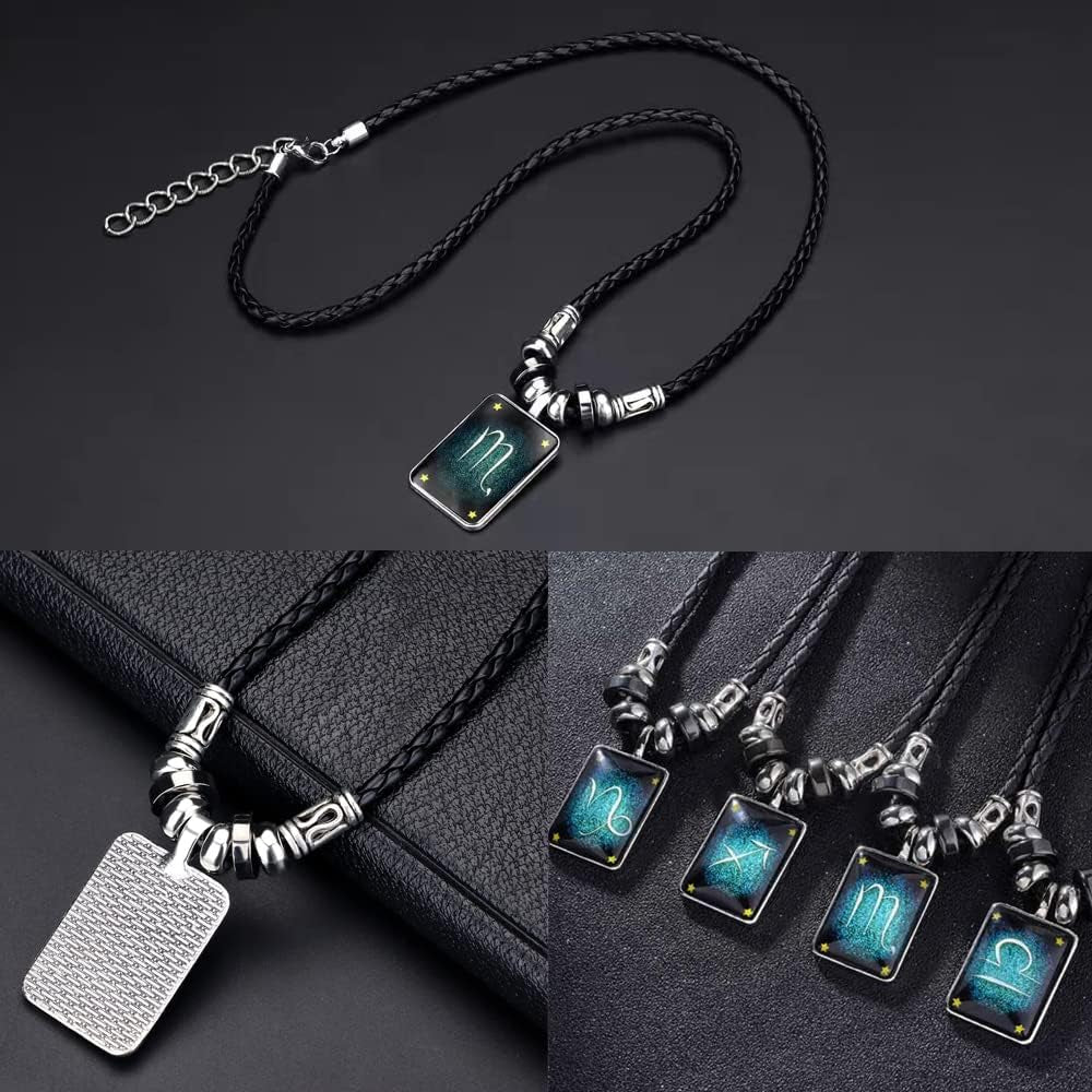 Retro Zodiac Necklace Bracelet Constellations Zodiac Sign Leather Bracelet Rectangle Zodiac Star Necklaces Jewelry Set Gift for Women Men