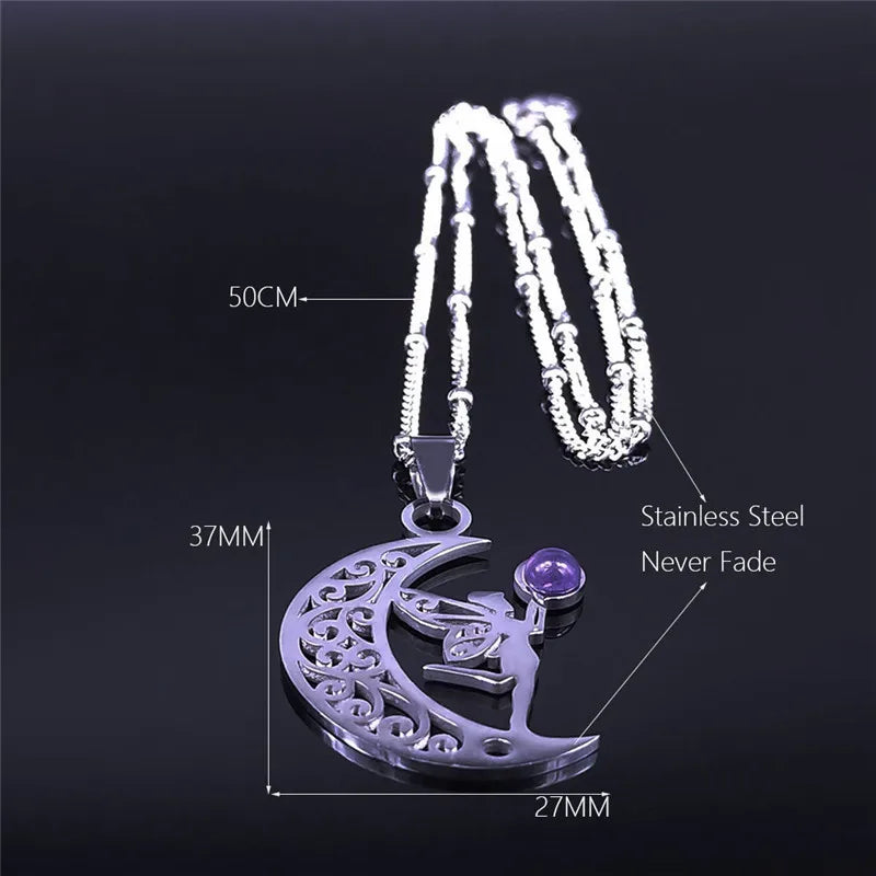 Witchcraft Moon Elves Angel Fairy Wings Necklace Purple Crystal Stainless Steel Tree of Life Necklaces Elf Jewelry Bijoux Femme