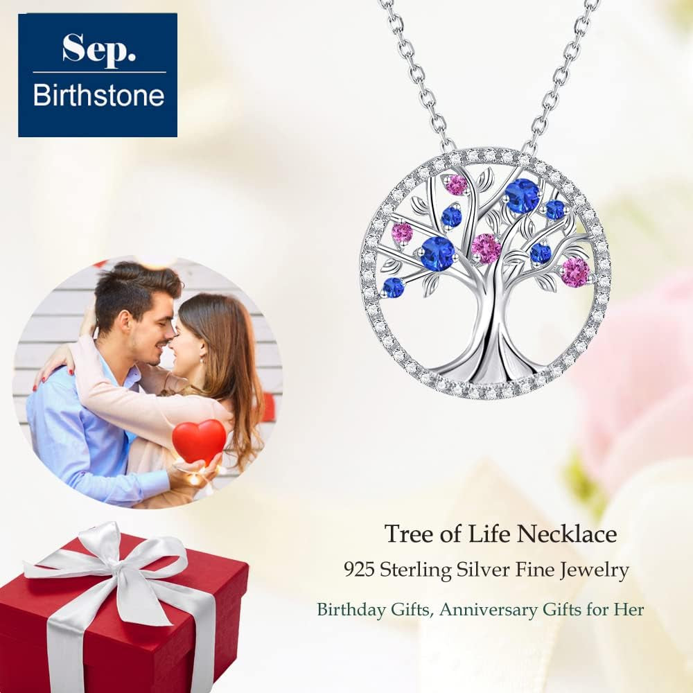 Tree of Life Necklace for Her September October Birthstones Blue Sapphire Pink Tourmaline Jewelry for Women Sterling Silver Fine Jewelry Wife Birthday Gifts