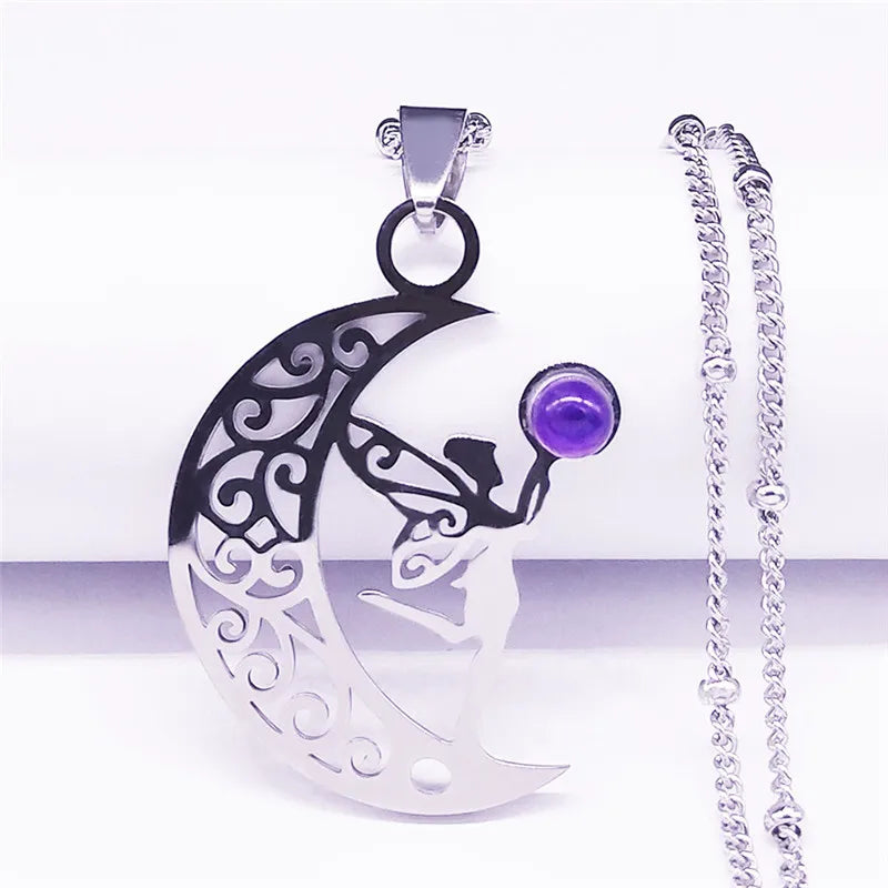 Witchcraft Moon Elves Angel Fairy Wings Necklace Purple Crystal Stainless Steel Tree of Life Necklaces Elf Jewelry Bijoux Femme