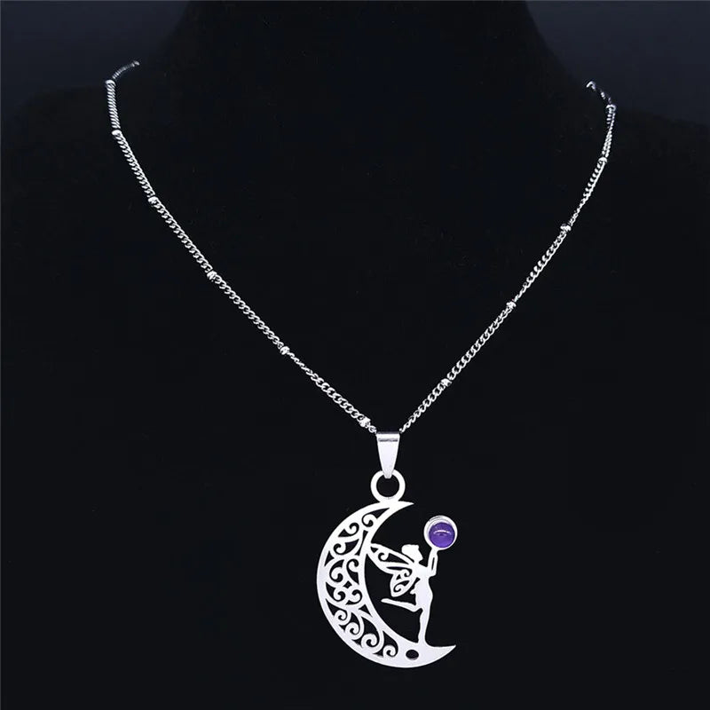 Witchcraft Moon Elves Angel Fairy Wings Necklace Purple Crystal Stainless Steel Tree of Life Necklaces Elf Jewelry Bijoux Femme