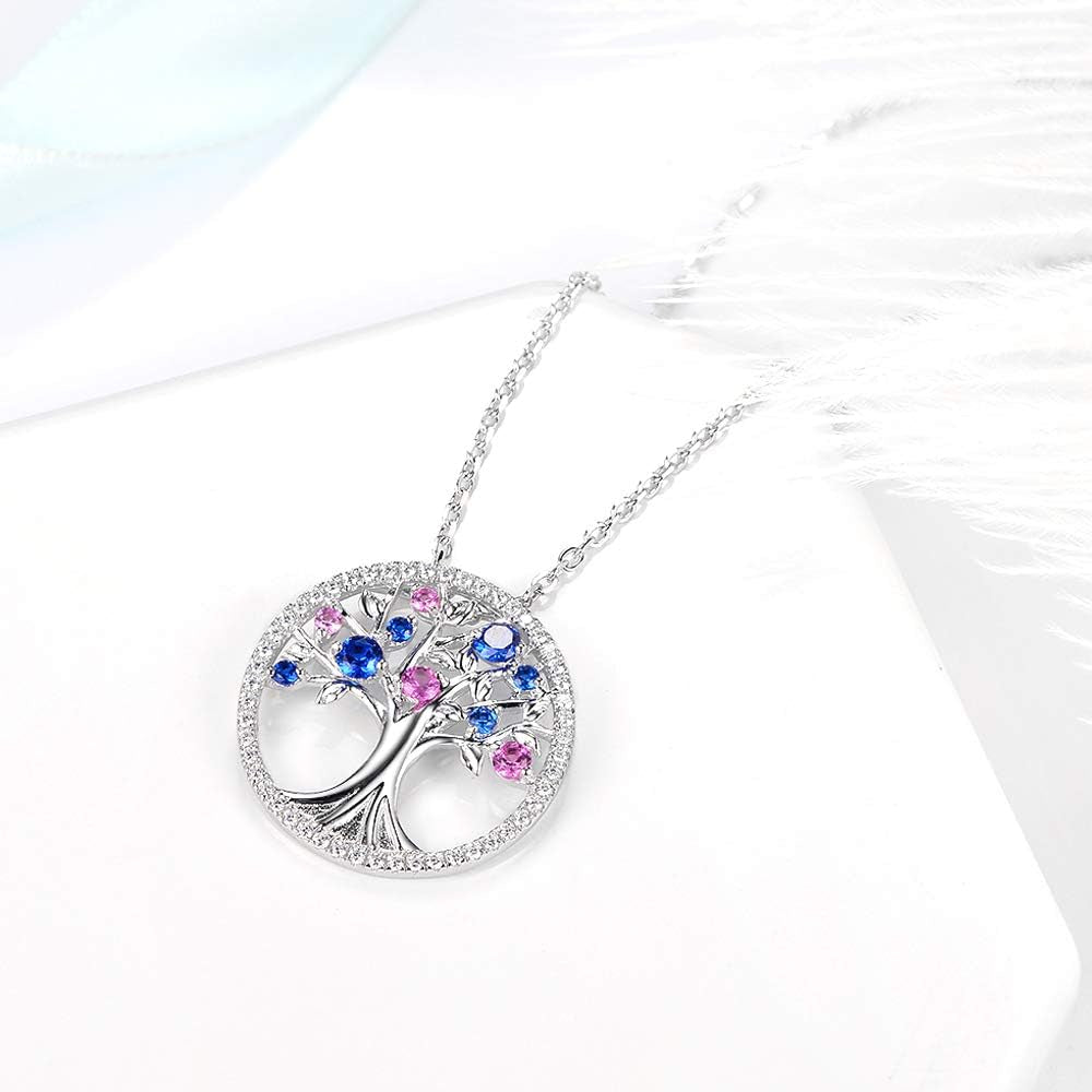 Tree of Life Necklace for Her September October Birthstones Blue Sapphire Pink Tourmaline Jewelry for Women Sterling Silver Fine Jewelry Wife Birthday Gifts