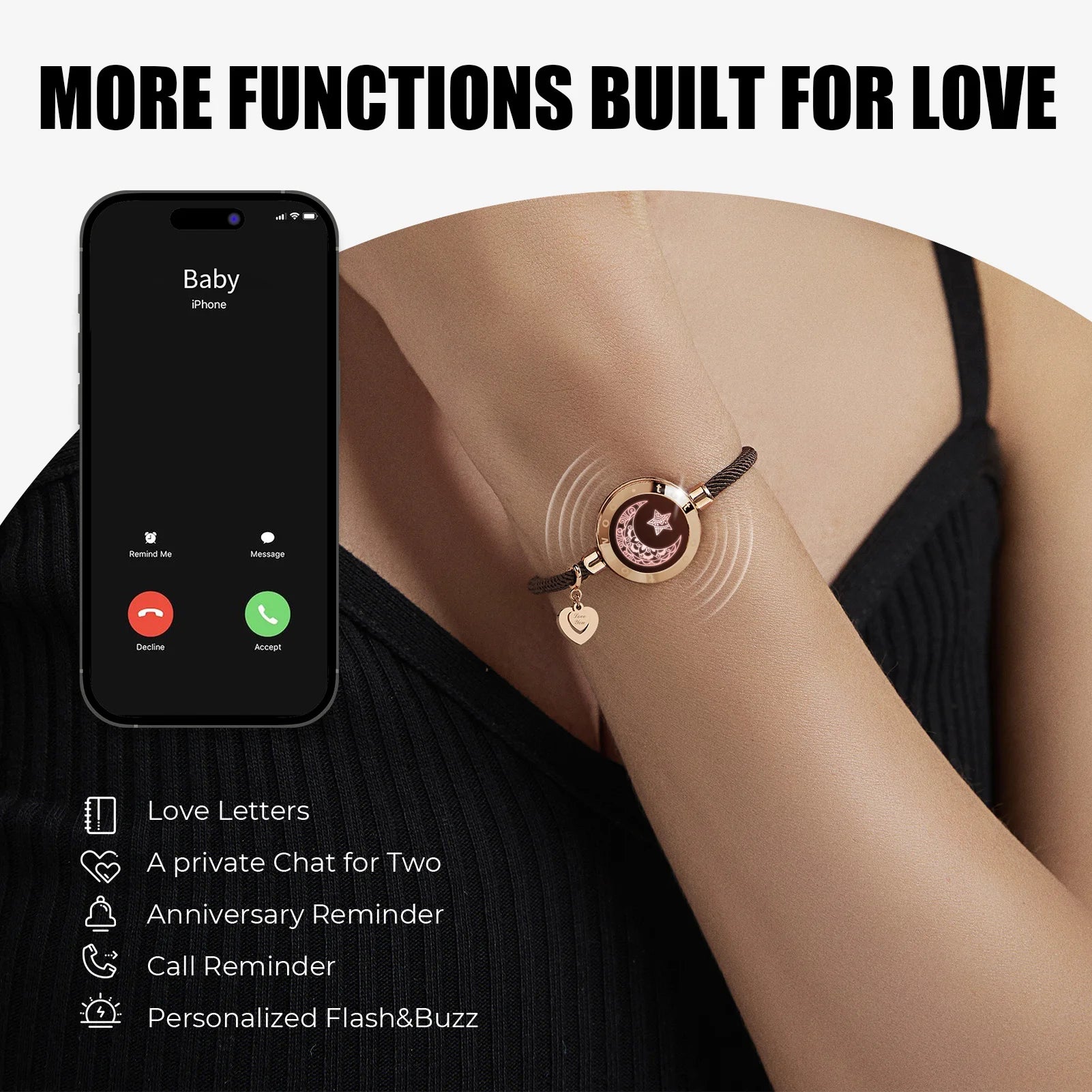 Totwoo Long Distance Touch Light Up&Vibrate Bracelets for Couples, Long Distance Relationship Gifts Smart Sun&Moon Love Bracelet