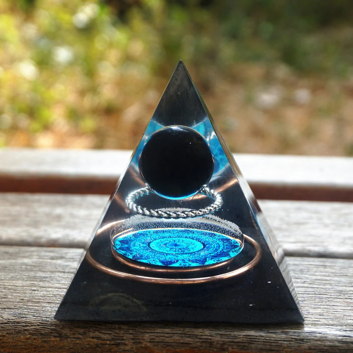 Handmade Orgonite Pyramid 60mm: Obsidian Crystal Sphere with Energy Copper Circle