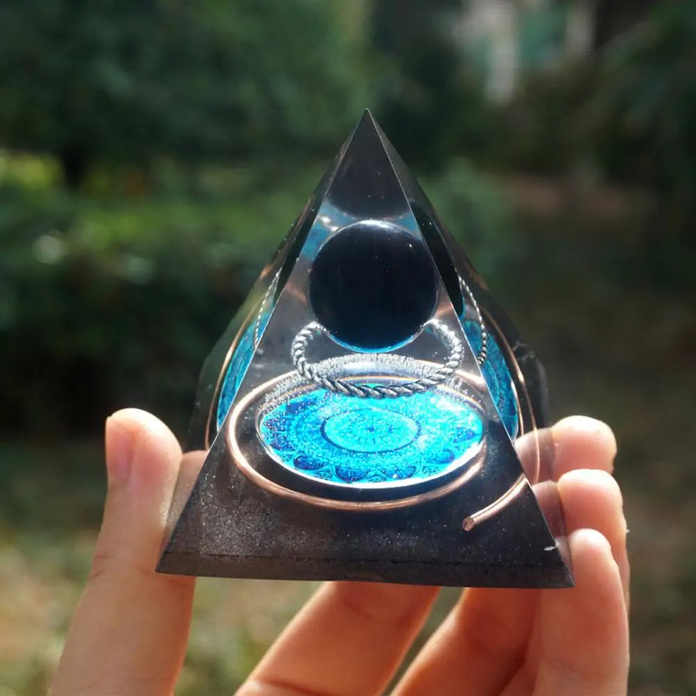 Handmade Orgonite Pyramid 60mm: Obsidian Crystal Sphere with Energy Copper Circle