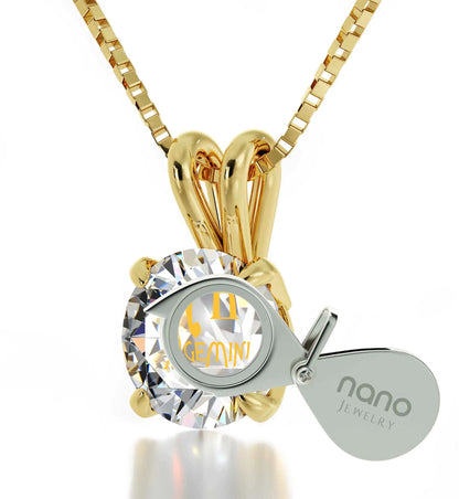 Gold Plated Silver Gemini Necklace Pendant 24k Gold Inscribed on Crystal