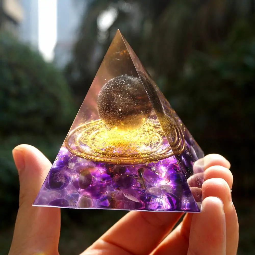 Handmade 60mm Orgonite Pyramid: Smoky Crystal Sphere & Amethyst