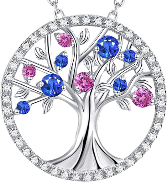 Tree of Life Necklace for Her September October Birthstones Blue Sapphire Pink Tourmaline Jewelry for Women Sterling Silver Fine Jewelry Wife Birthday Gifts