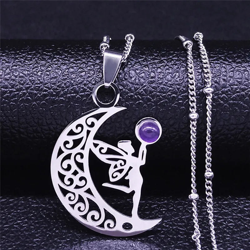 Witchcraft Moon Elves Angel Fairy Wings Necklace Purple Crystal Stainless Steel Tree of Life Necklaces Elf Jewelry Bijoux Femme