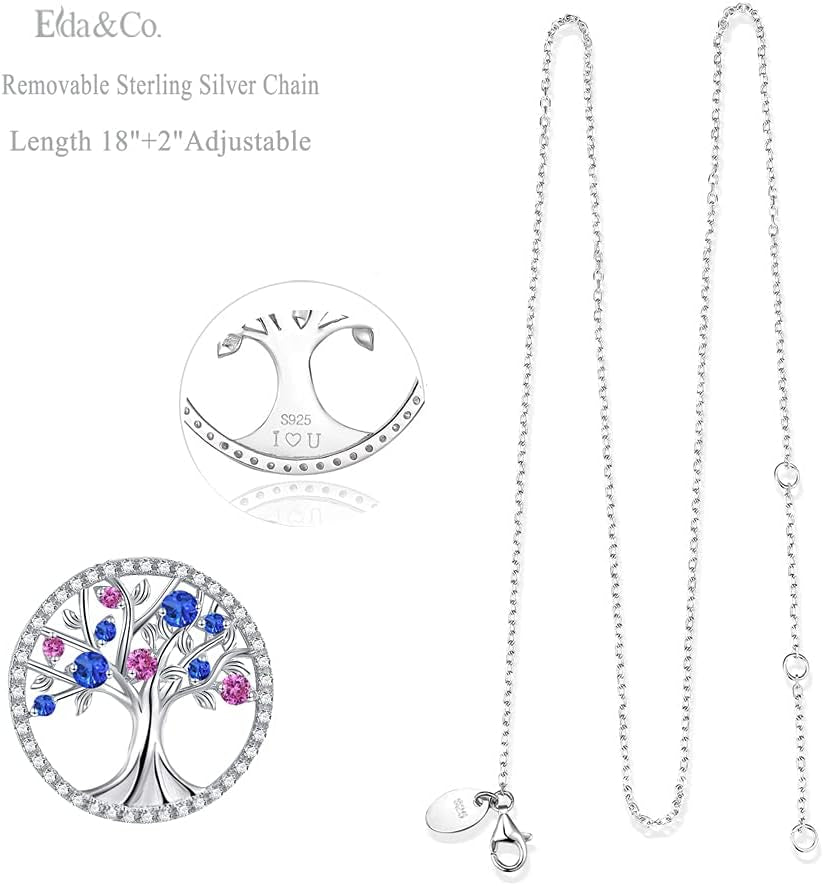 Tree of Life Necklace for Her September October Birthstones Blue Sapphire Pink Tourmaline Jewelry for Women Sterling Silver Fine Jewelry Wife Birthday Gifts