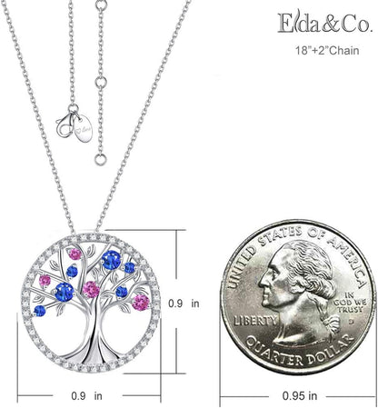 Tree of Life Necklace for Her September October Birthstones Blue Sapphire Pink Tourmaline Jewelry for Women Sterling Silver Fine Jewelry Wife Birthday Gifts