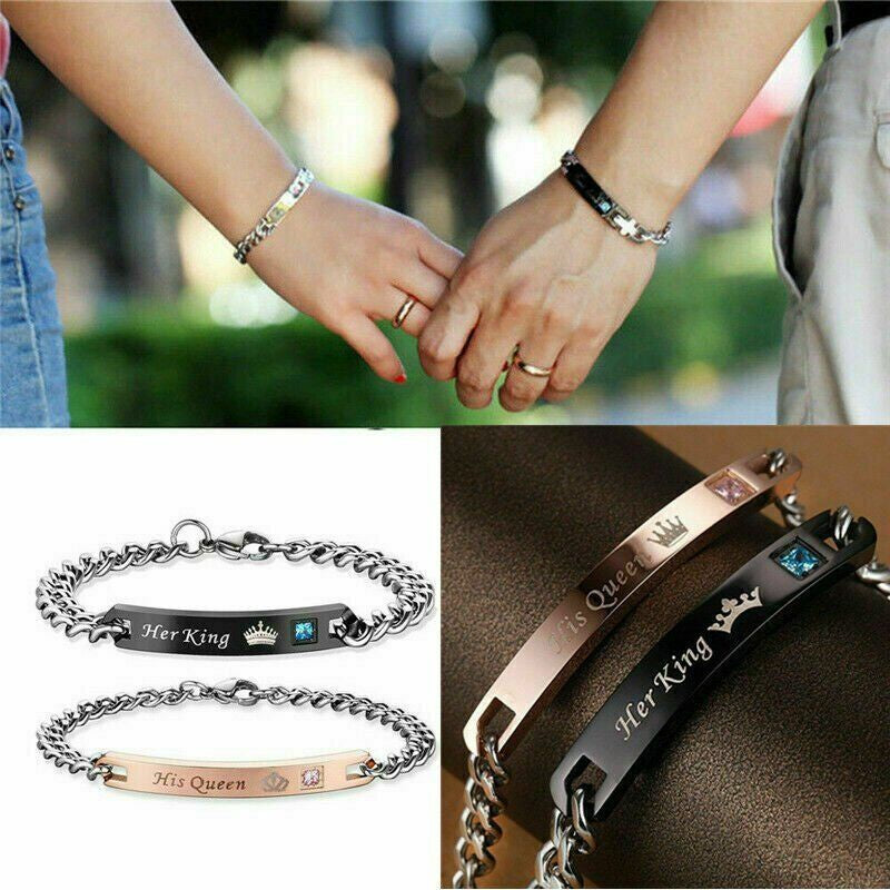 His Queen Her King Stainless Steel His and Hers Couple Bracelet Lovers Gift