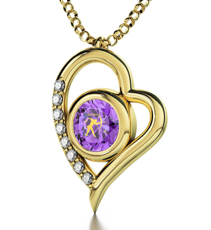 Gold Plated Silver Sagittarius Necklace Zodiac Heart Pendant 24k Gold Inscribed on Crystal